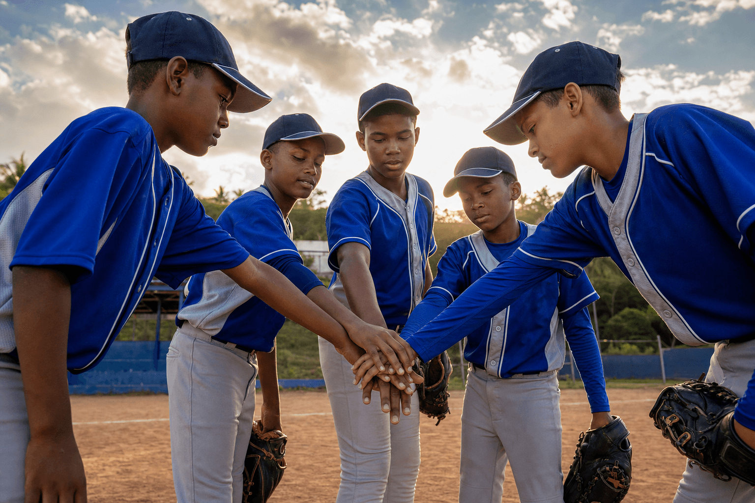 Grupo de jóvenes peloteros dominicanos uniendo sus manos antes de entrenar
